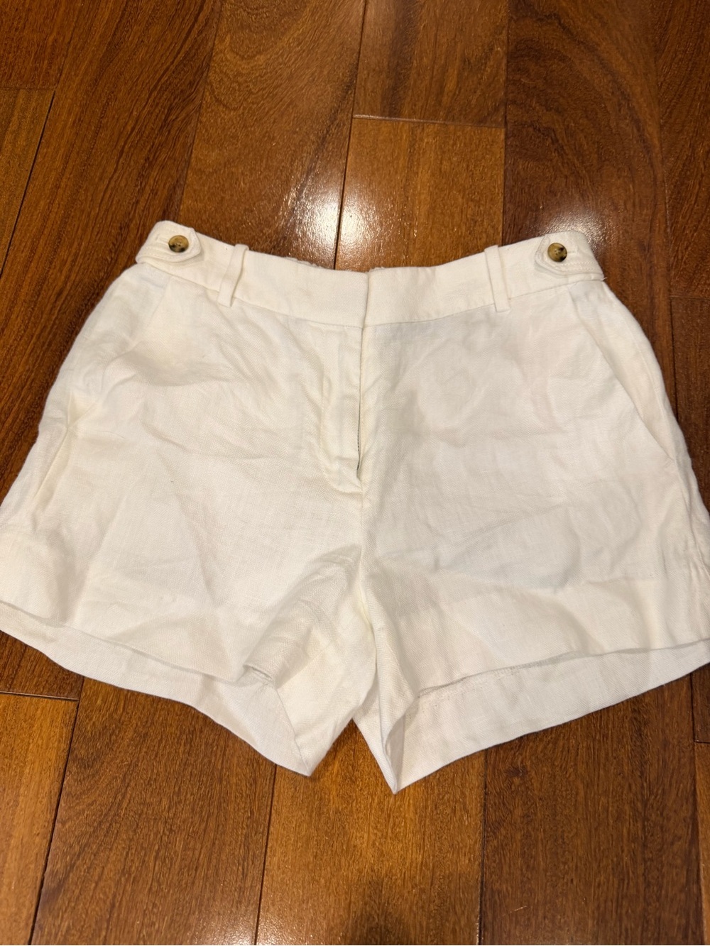 J. Crew White High-Rise Linen Blend Shorts with Button Details